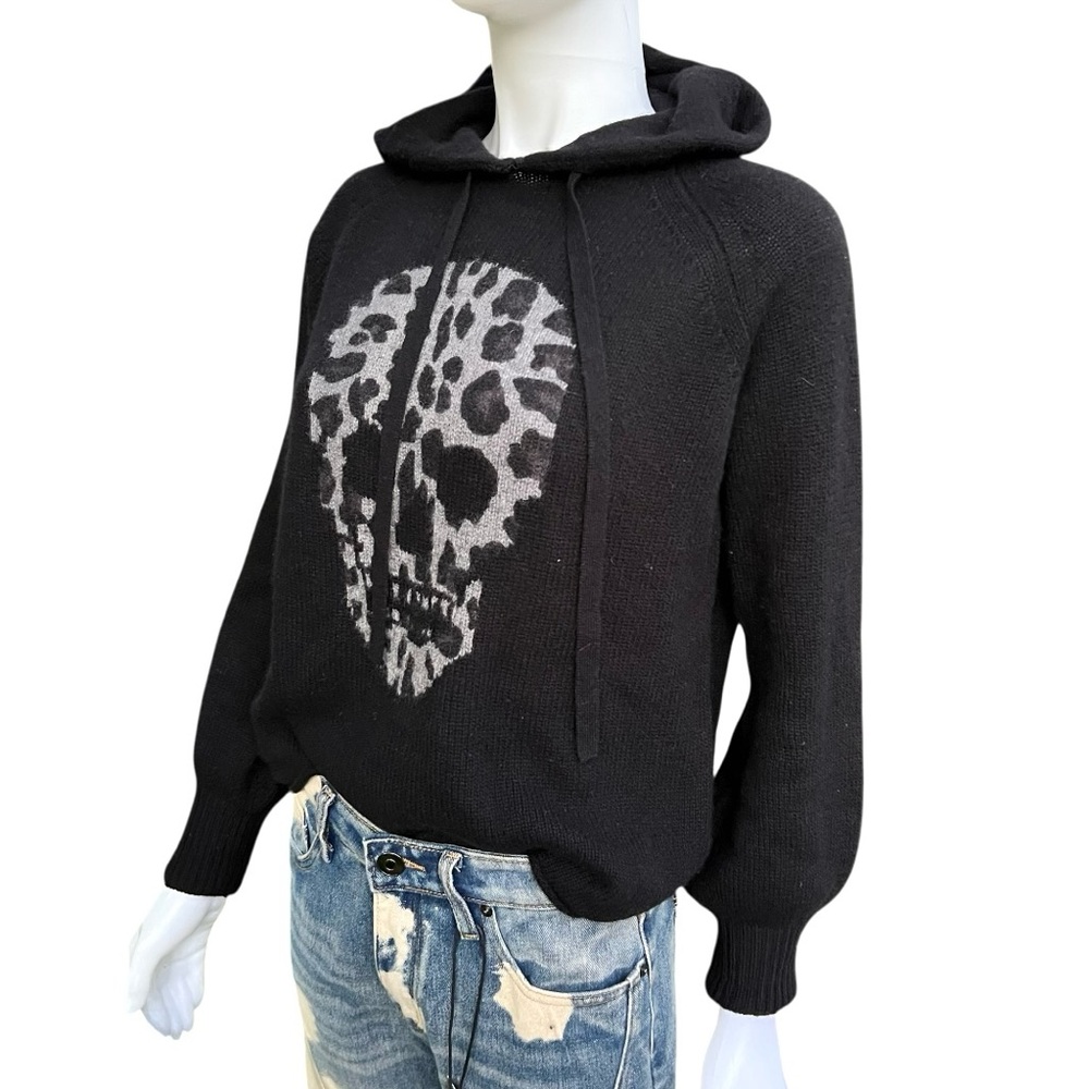 Skull Cashmere Women Black Hoodie XS Leopard Skull Print 100% Cashmere Holloween